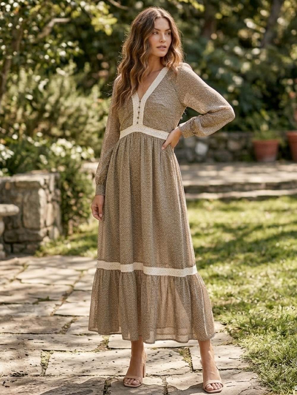 Shop Stevie Medium Taupe Floral Lace Trim Tiered Maxi Dress